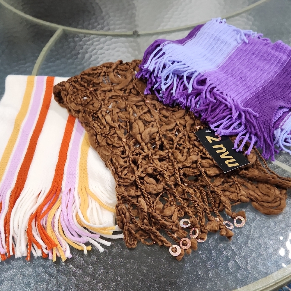 Elegant Women's Scarf Trio in Purple, Brown, and Multicolor by